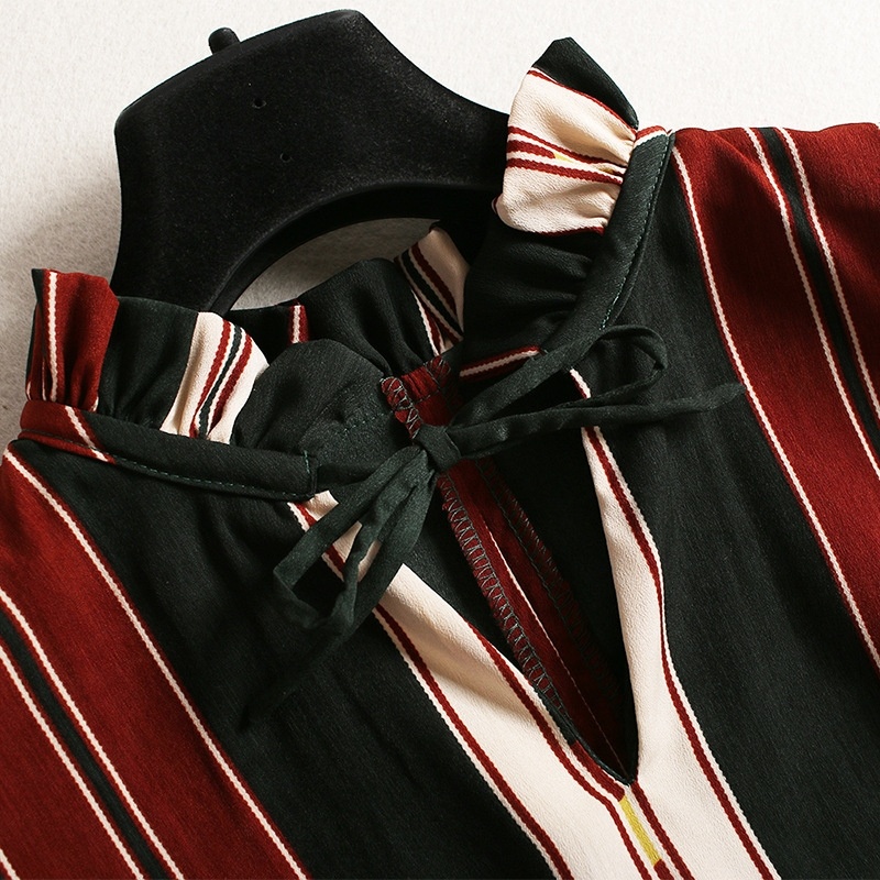 High Neck Tie Long Sleeve Spliced-Streifen-T-Shirt Mit Flöte Ärmel |