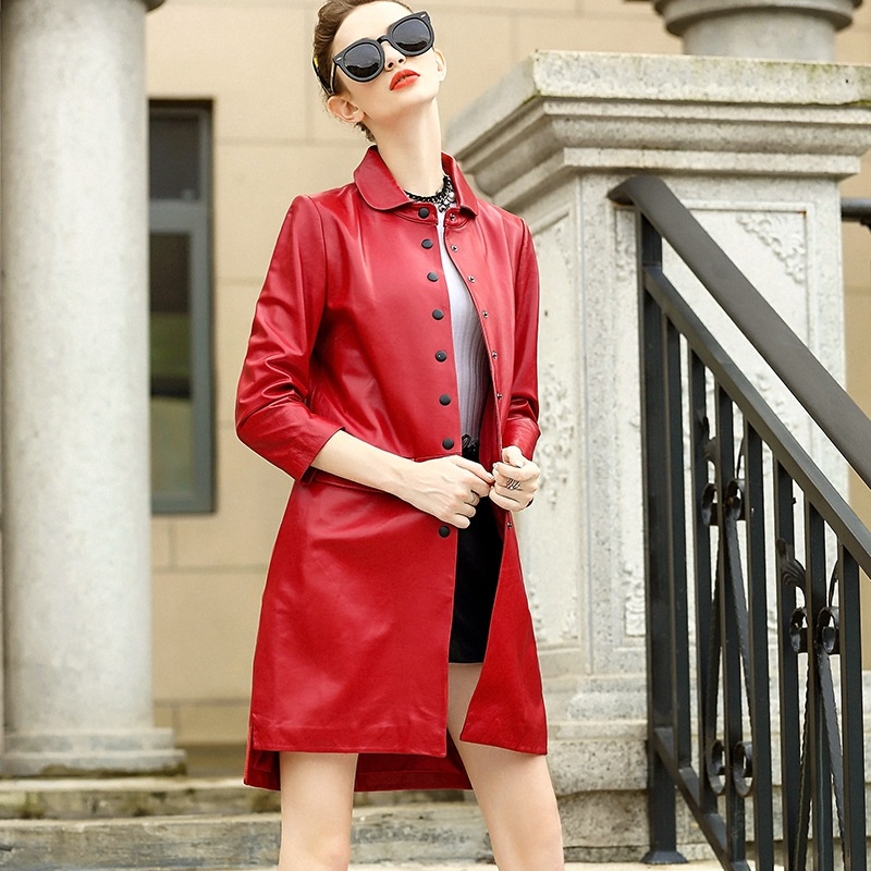Simple Style 3/4 Sleeve Single Breasted Genuine Sheep Leather Trench
