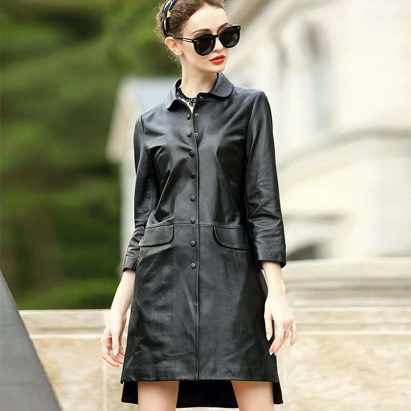 Simple Style 3/4 Sleeve Single Breasted Genuine Sheep Leather Trench