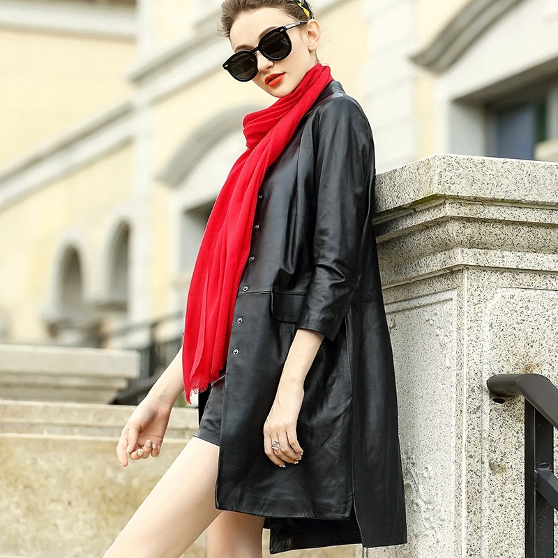 Simple Style 3/4 Sleeve Single Breasted Genuine Sheep Leather Trench