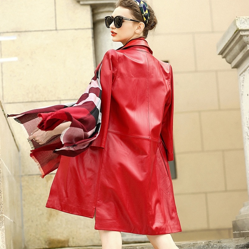 Simple Style 3/4 Sleeve Single Breasted Genuine Sheep Leather Trench