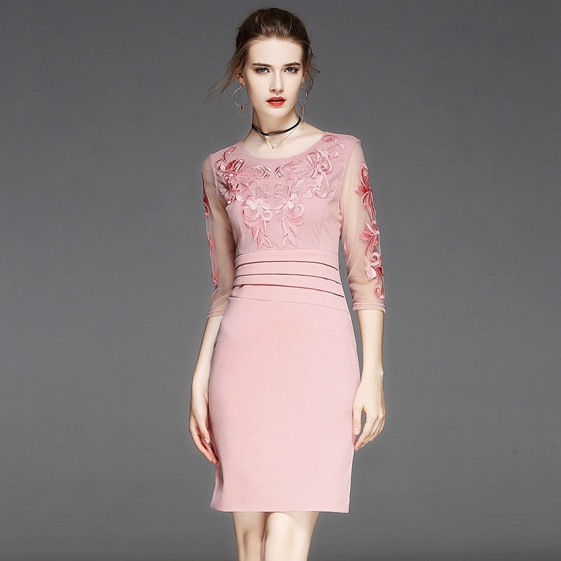Eleganten Floralen Stickerei Mesh 3/4 Ärmel Bleistift Kleid | VoguesUs