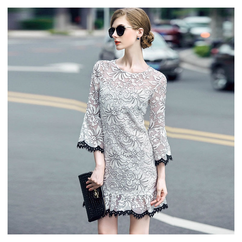 Floral Embroidery Eugen Flute Sleeve Dress With Contrast Ruffle Hem |