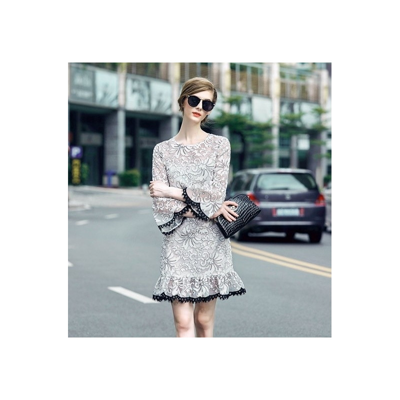 Floral Embroidery Eugen Flute Sleeve Dress With Contrast Ruffle Hem |