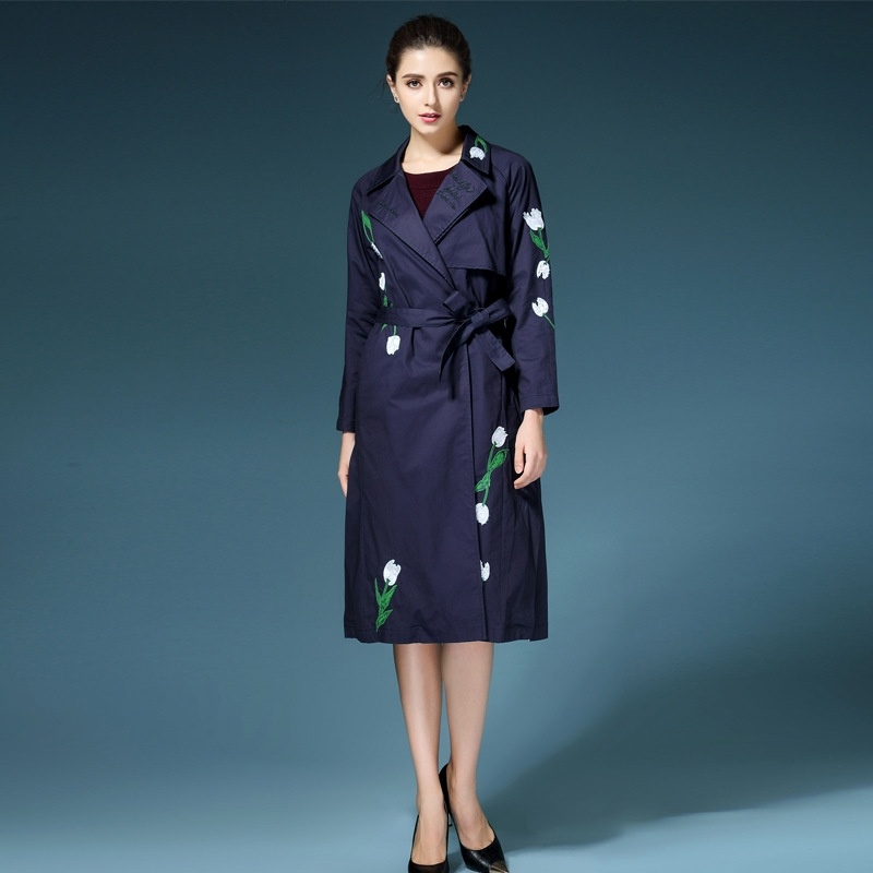 Letter And Floral Embroidery Lapel Trench Coat With Tie Waist |