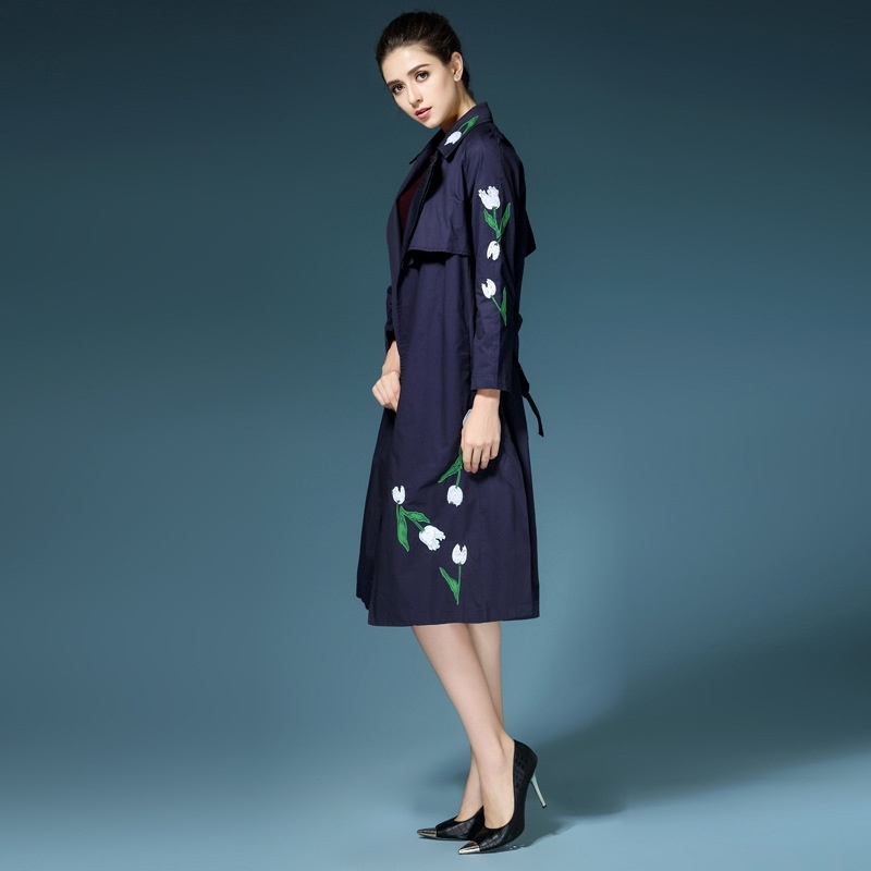 Letter And Floral Embroidery Lapel Trench Coat With Tie Waist |