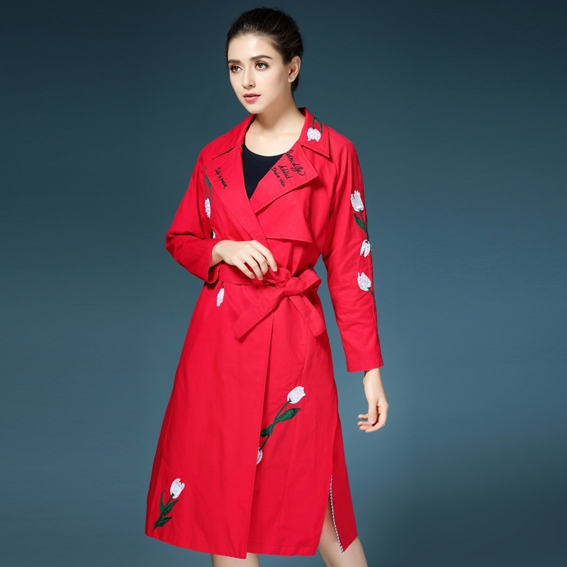 Letter And Floral Embroidery Lapel Trench Coat With Tie Waist |