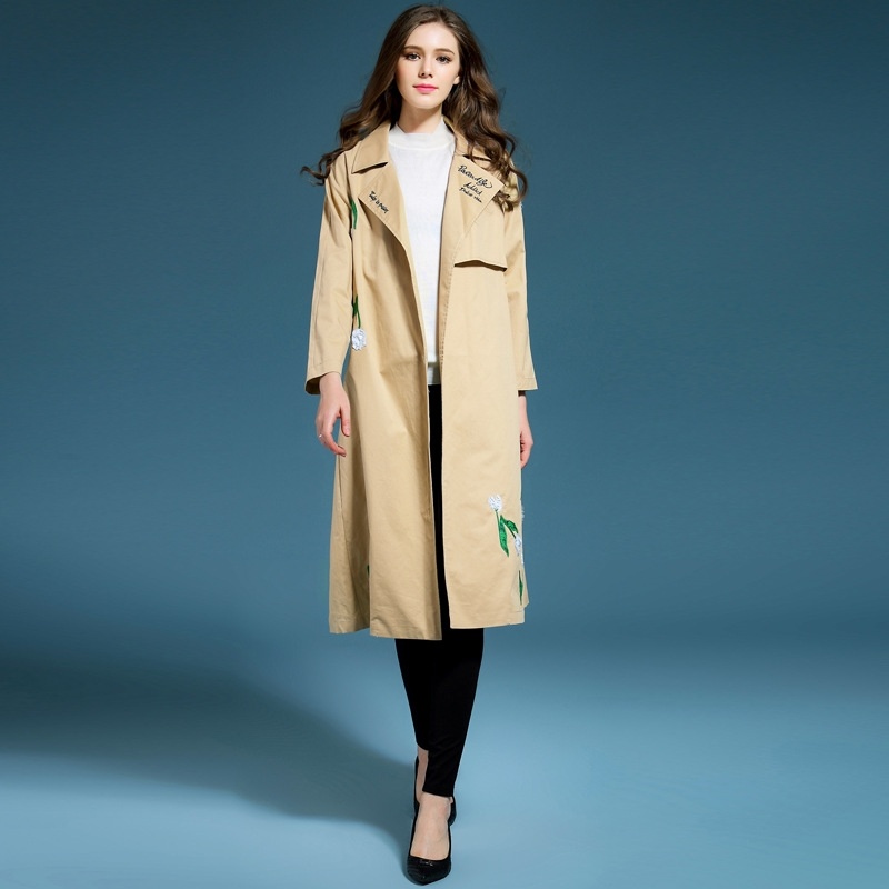 Letter And Floral Embroidery Lapel Trench Coat With Tie Waist |