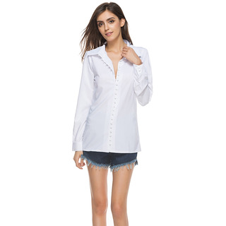 Style Simple Revers Blanc Unique À Poitrine Manches Longues T-Shirt | VoguesUs