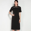 Style Simple Noire Moulante Col Rond Perles Robe De