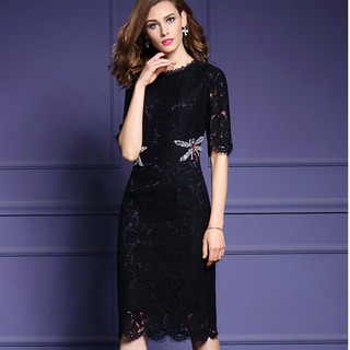 Halbe Ärmel Runde Hals Lace Bodycon Midi-Kleid Mit Schmetterling