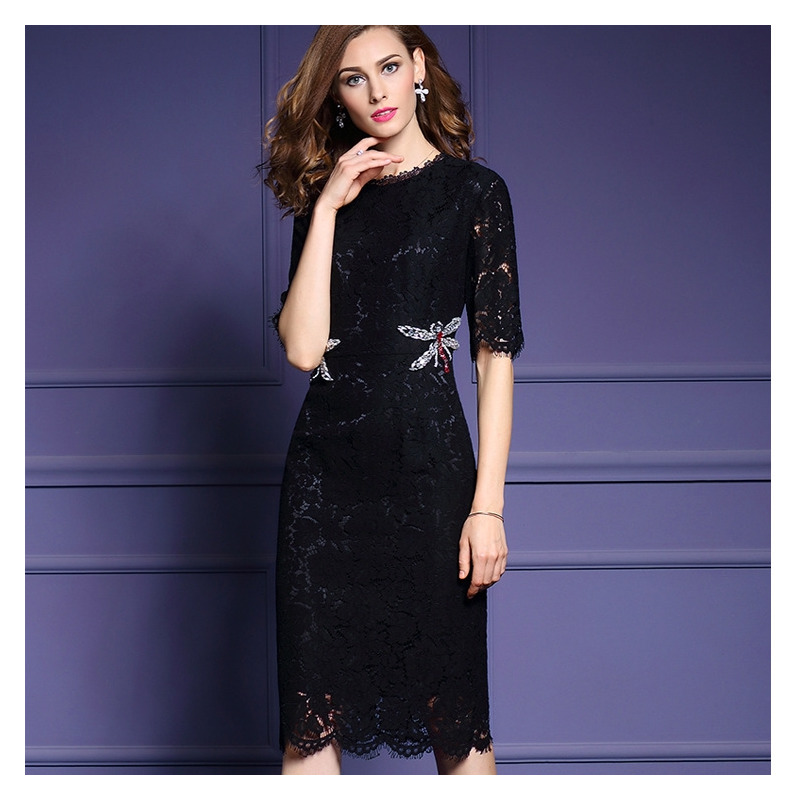 Half Sleeve Round Neck Lace Bodycon Midi Dress With Butterfly