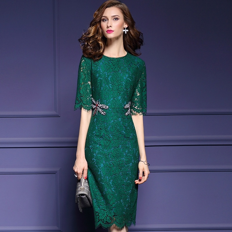 Half Sleeve Round Neck Lace Bodycon Midi Dress With Butterfly