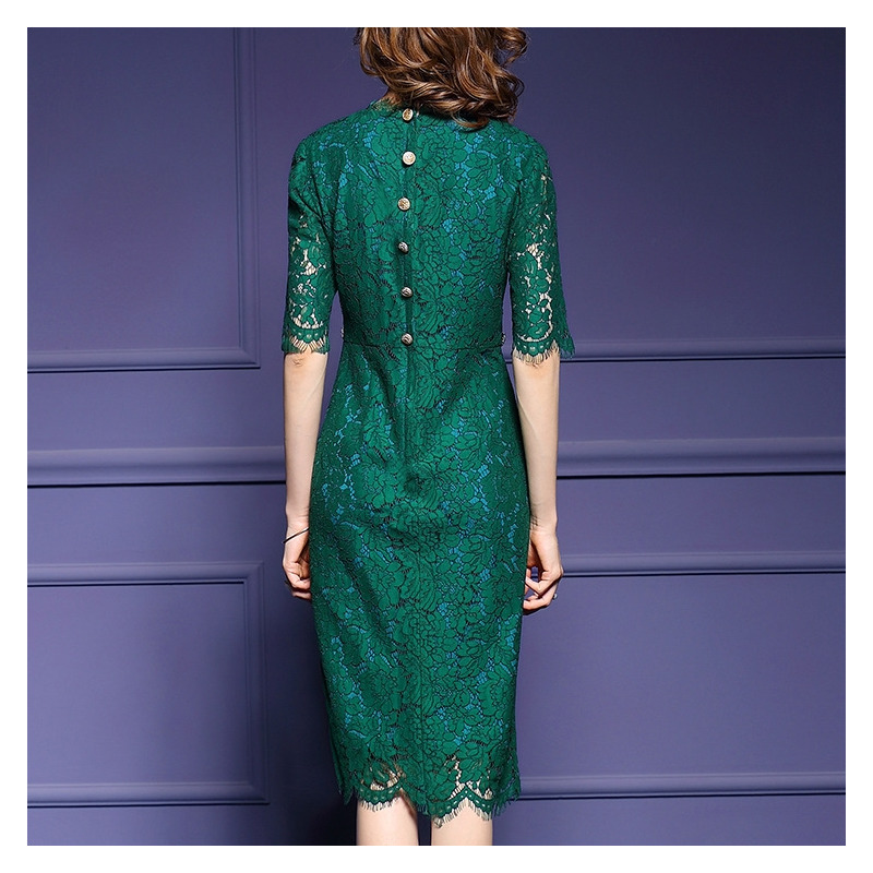Half Sleeve Round Neck Lace Bodycon Midi Dress With Butterfly