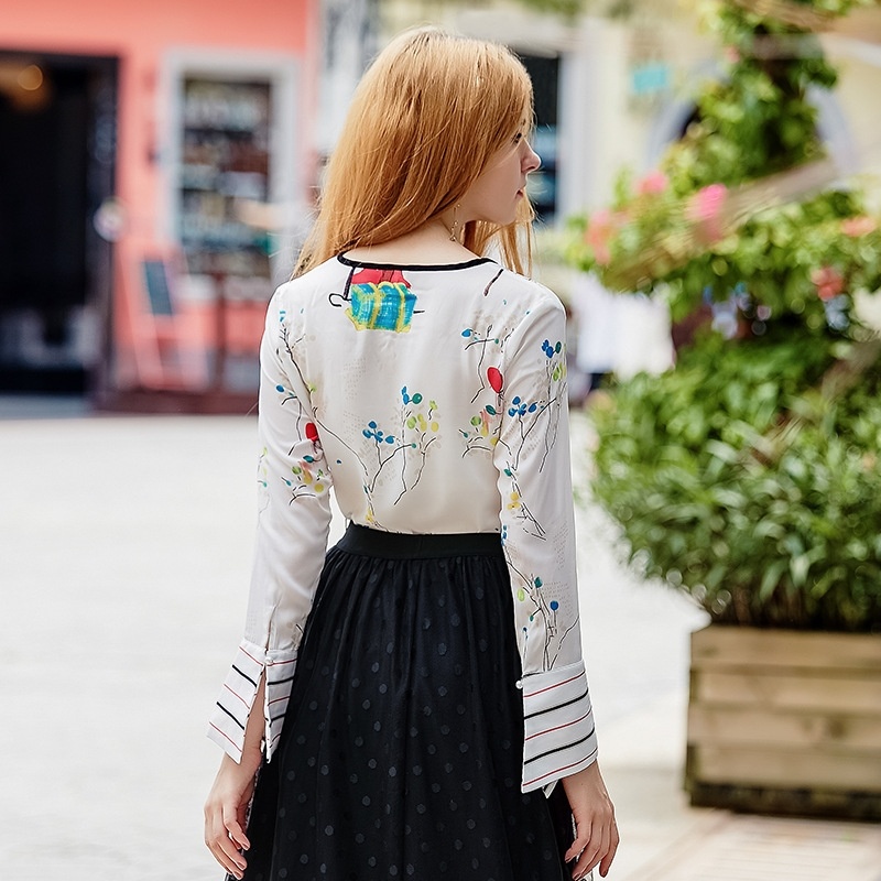 Sweet Floral Print Chiffon Flöte Langarm-Shirt Mit Fliege | VoguesUs
