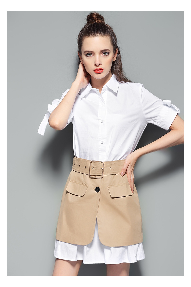 Fashion White Lapel Belt Dress | VoguesUs