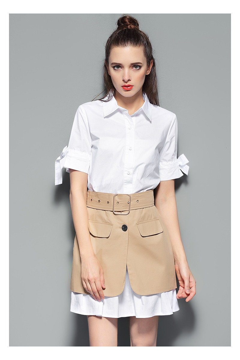 Fashion White Lapel Belt Dress | VoguesUs