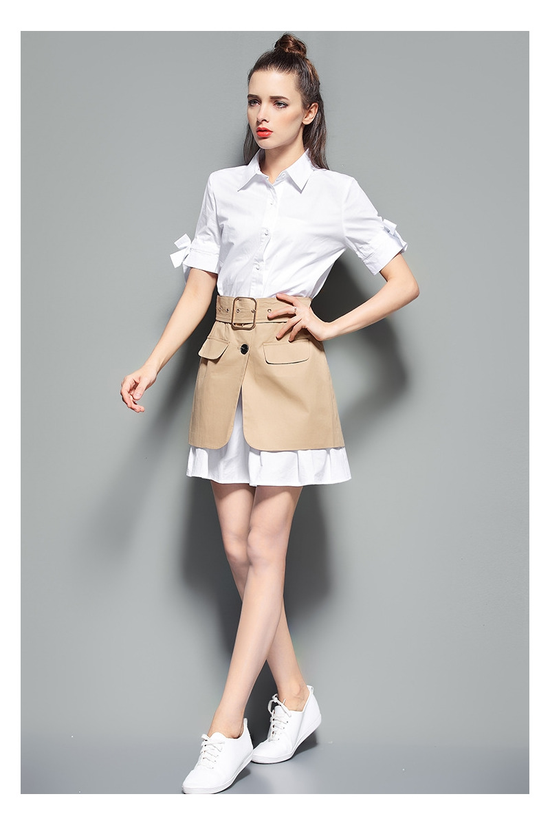 Fashion White Lapel Belt Dress | VoguesUs
