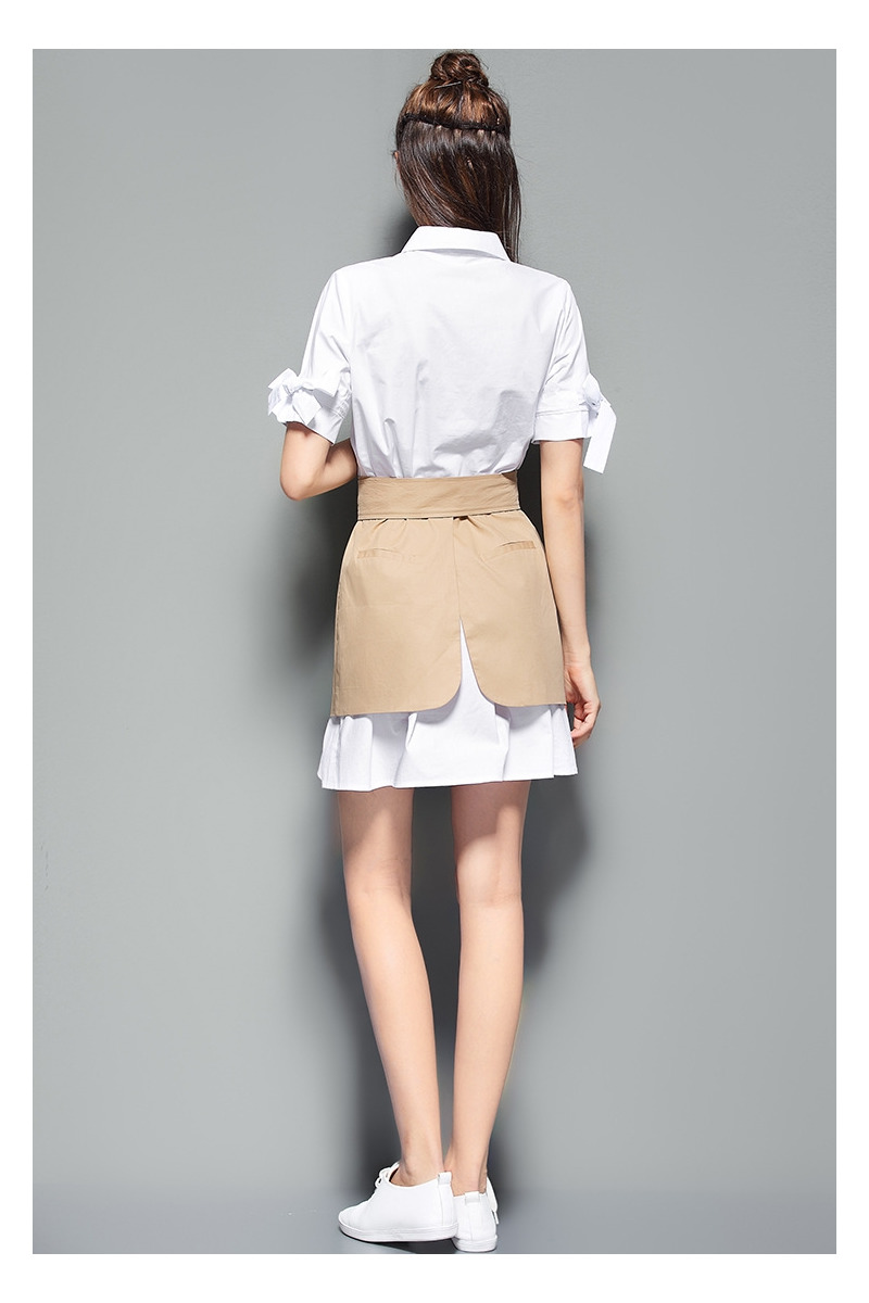Fashion White Lapel Belt Dress | VoguesUs