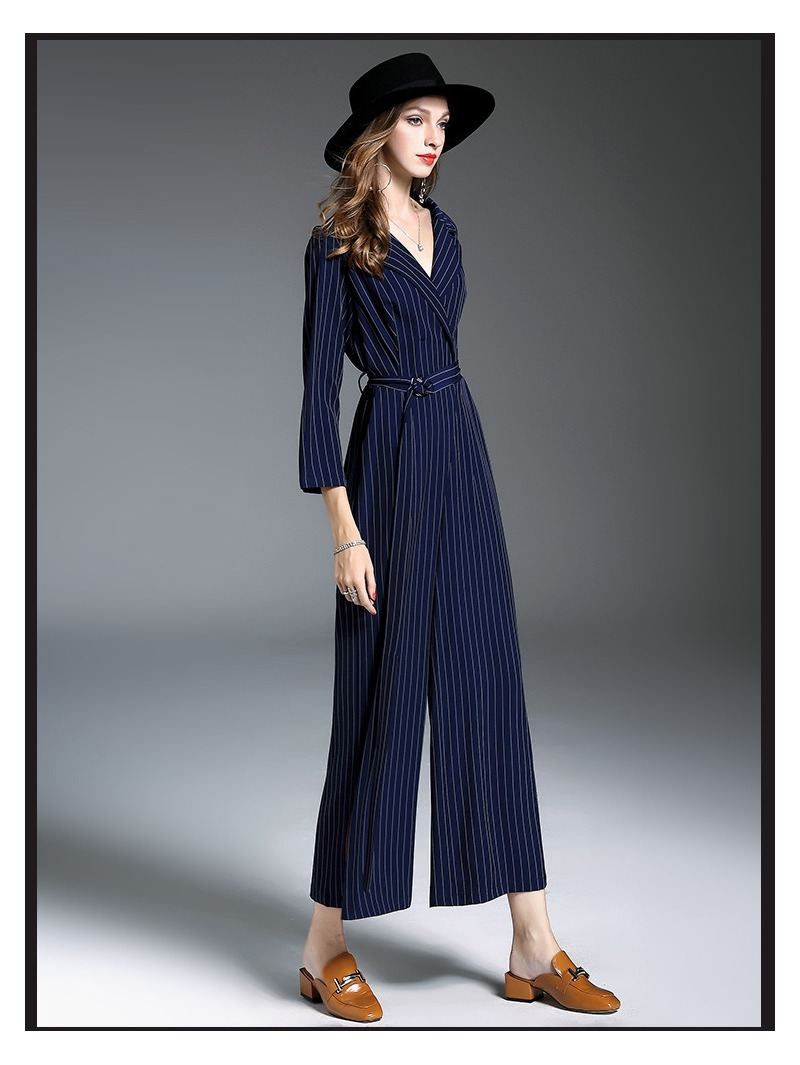 Streifen Skinny V-Ausschnitt Langarm Jumpsuit Mit Band In Der Taille | VoguesUs