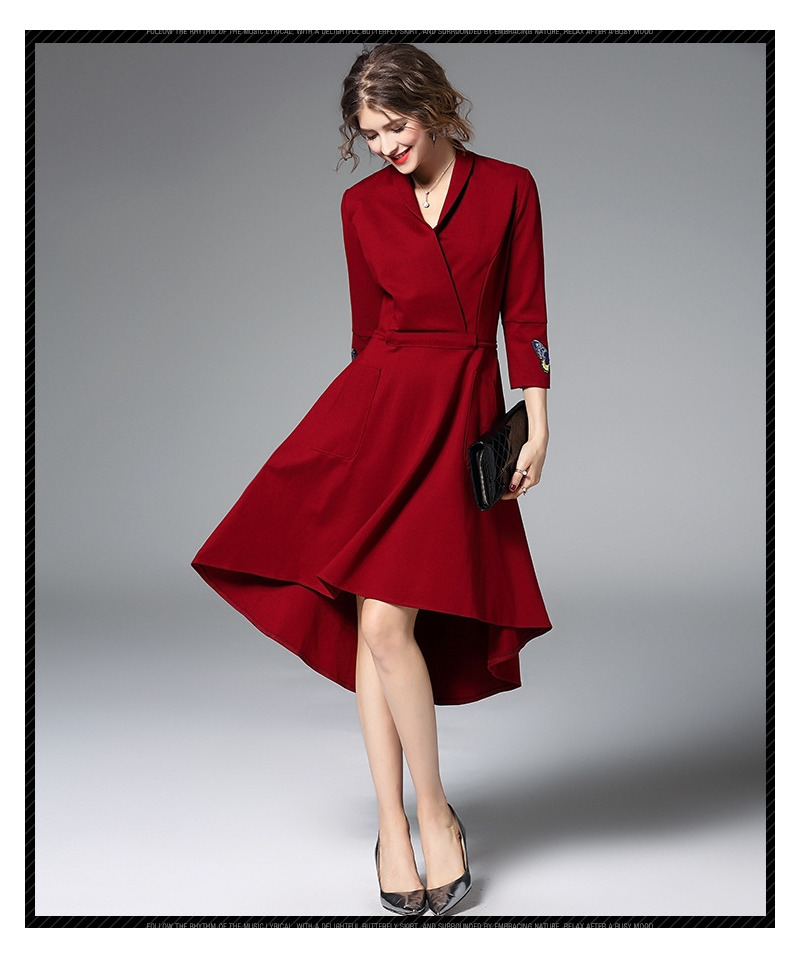 Butterfly Embroidery 3/4 Sleeves Asymmetrical Dress With Collar