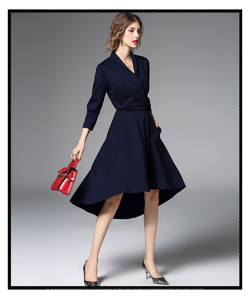 Butterfly Embroidery 3/4 Sleeves Asymmetrical Dress With Collar