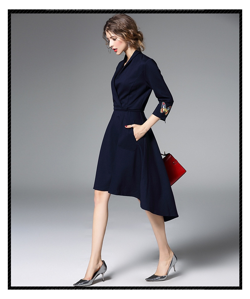 Butterfly Embroidery 3/4 Sleeves Asymmetrical Dress With Collar