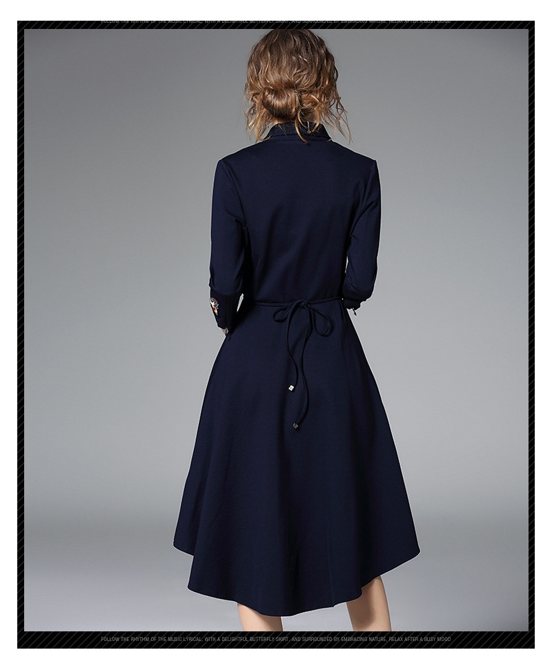 Butterfly Embroidery 3/4 Sleeves Asymmetrical Dress With Collar