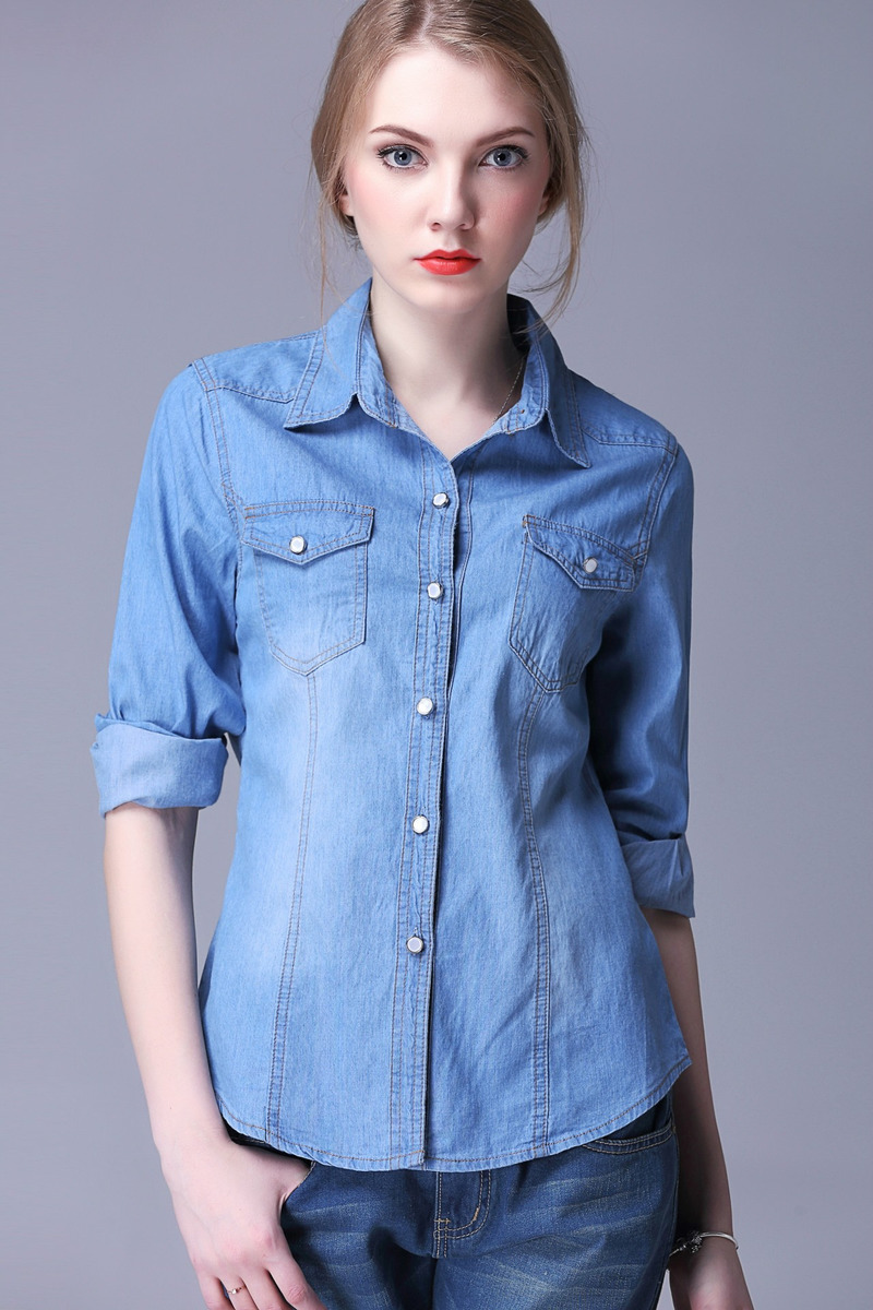 Classic Fashion Simple Denim Shirt In Mid Wash | VoguesUs
