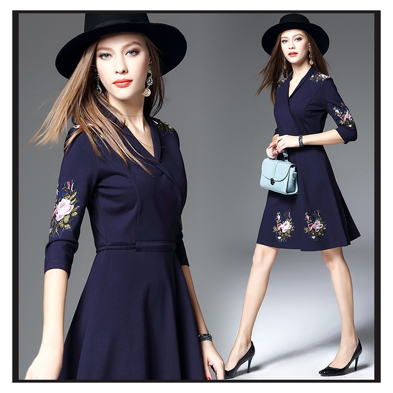 Floral Embroidery V Neck Roman A Line Dress | VoguesUs