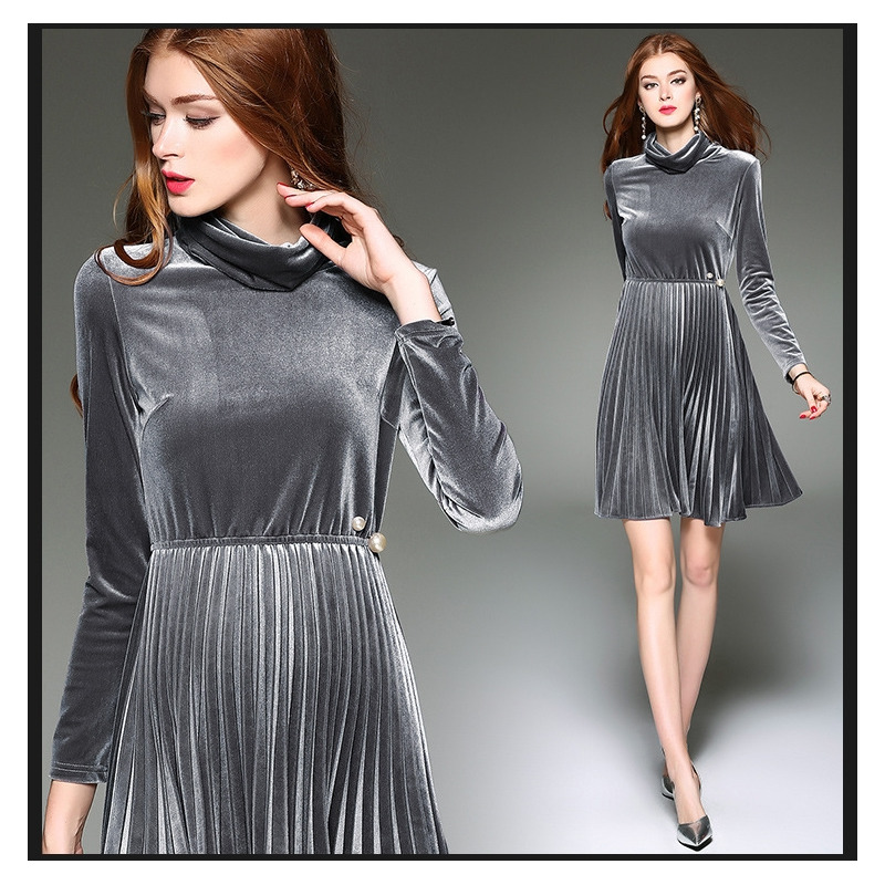 Velorur High Collar Long Sleeve Corset Waist Accordion Hem A Line