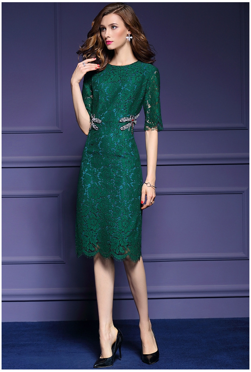 Half Sleeve Round Neck Lace Bodycon Midi Dress With Butterfly