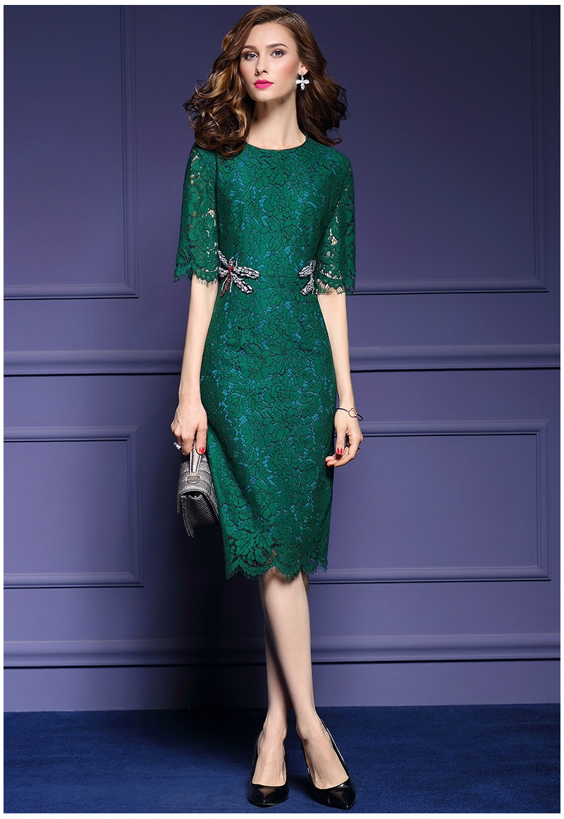 Half Sleeve Round Neck Lace Bodycon Midi Dress With Butterfly