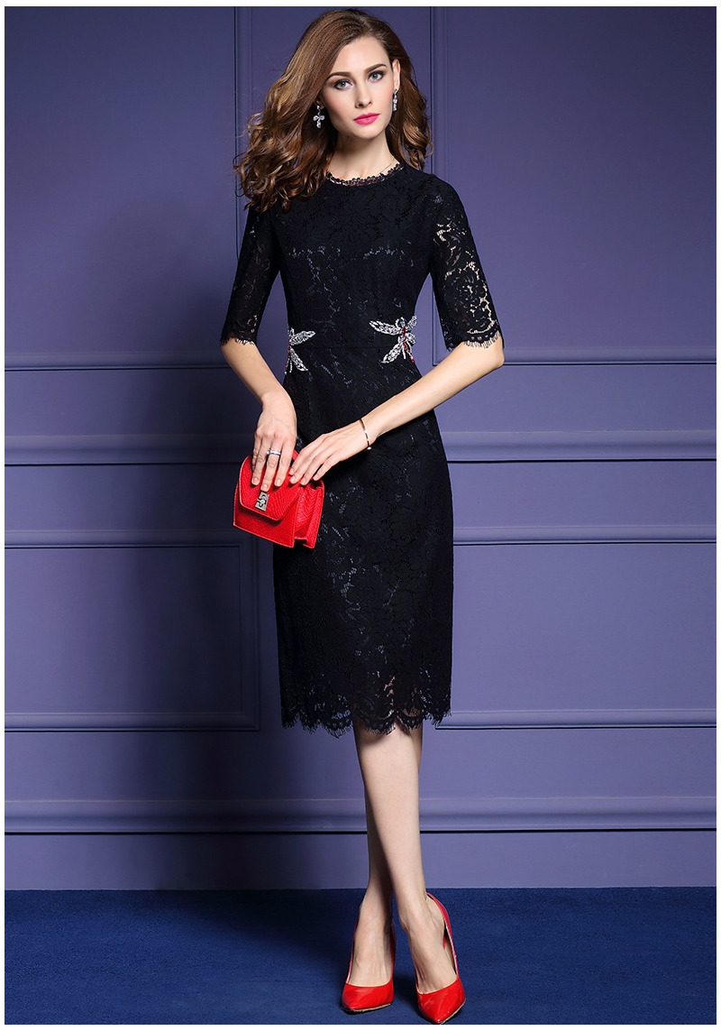 Half Sleeve Round Neck Lace Bodycon Midi Dress With Butterfly