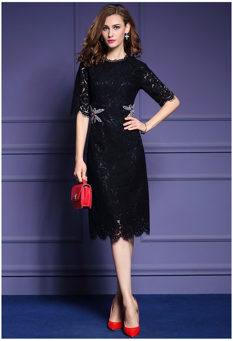 Half Sleeve Round Neck Lace Bodycon Midi Dress With Butterfly