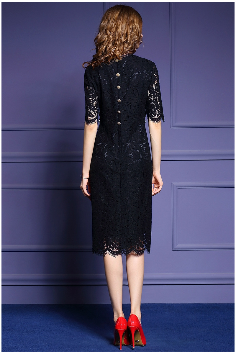 Half Sleeve Round Neck Lace Bodycon Midi Dress With Butterfly