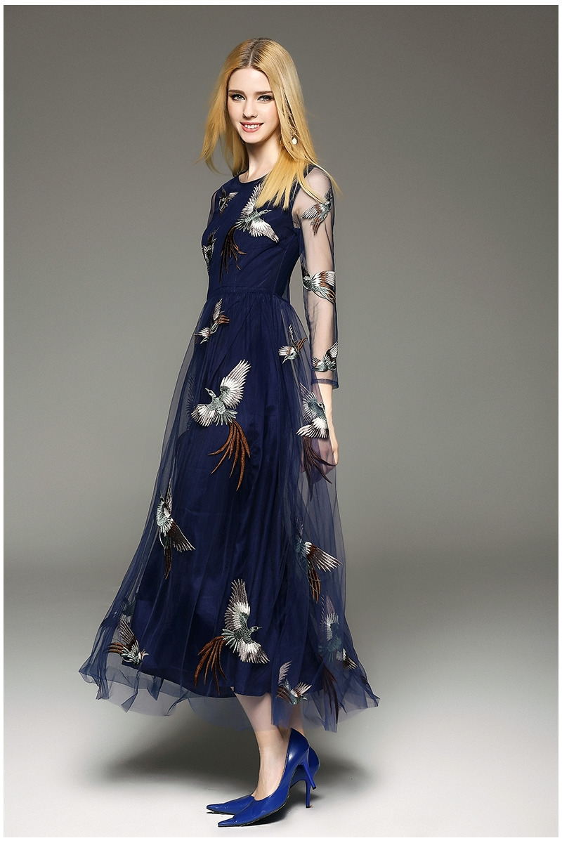 Elegant Fine Mesh Layered Embroidery Maxi Dress | VoguesUs