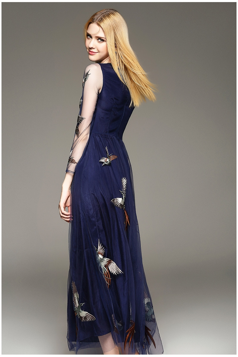 Elegant Fine Mesh Layered Embroidery Maxi Dress | VoguesUs