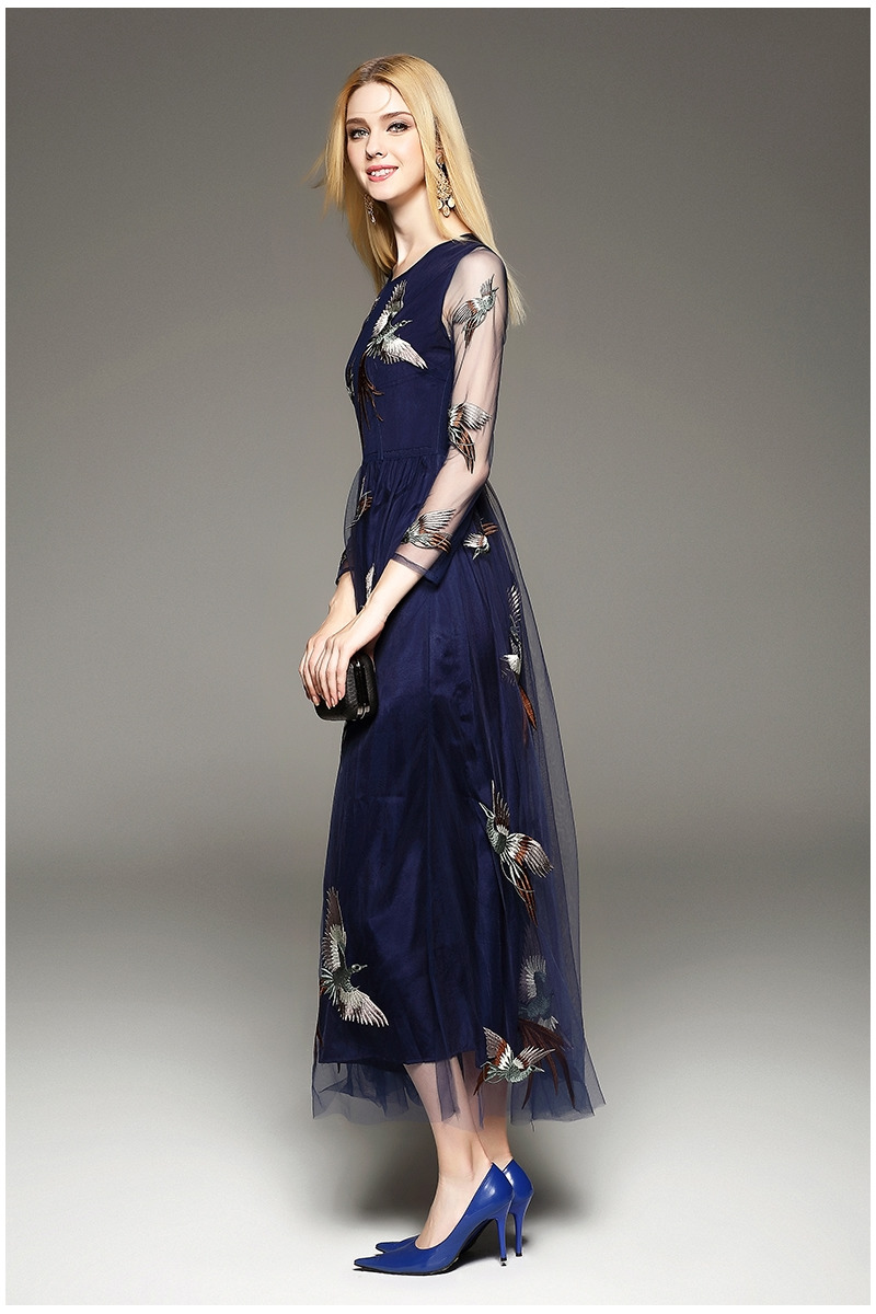 Elegant Fine Mesh Layered Embroidery Maxi Dress | VoguesUs