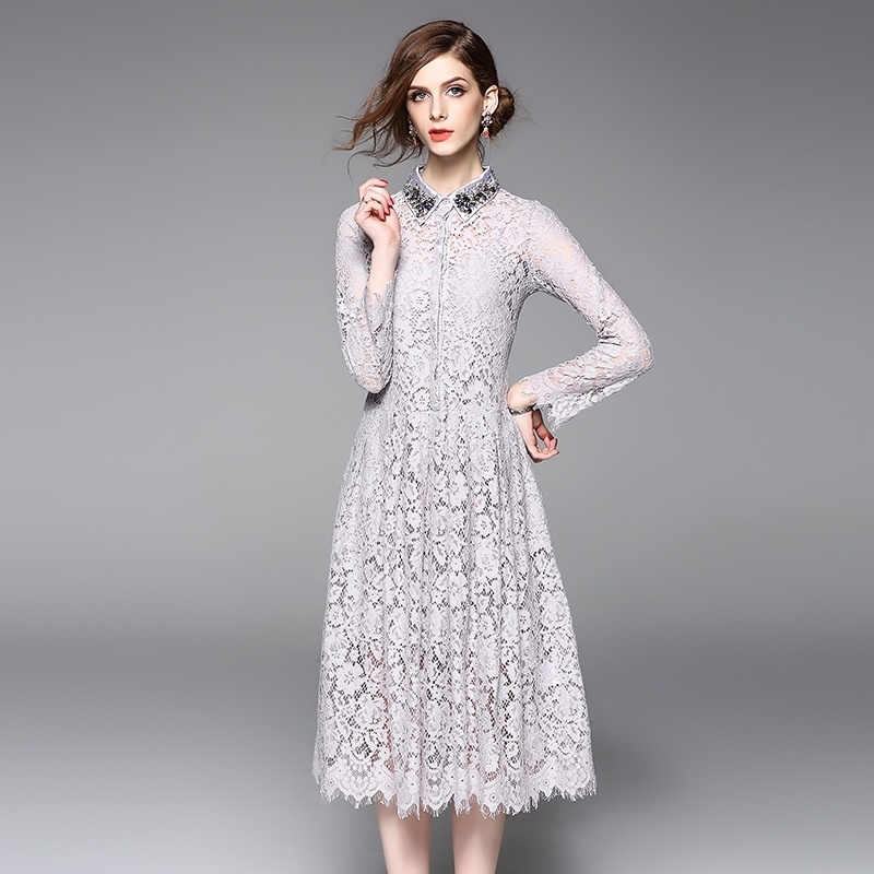 Exquisite Lace And Beads Cutwork Dress With Collar Detail | VoguesUs