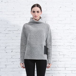 Funnel Neck Gray Sweater With Leather Pocket | VoguesUs