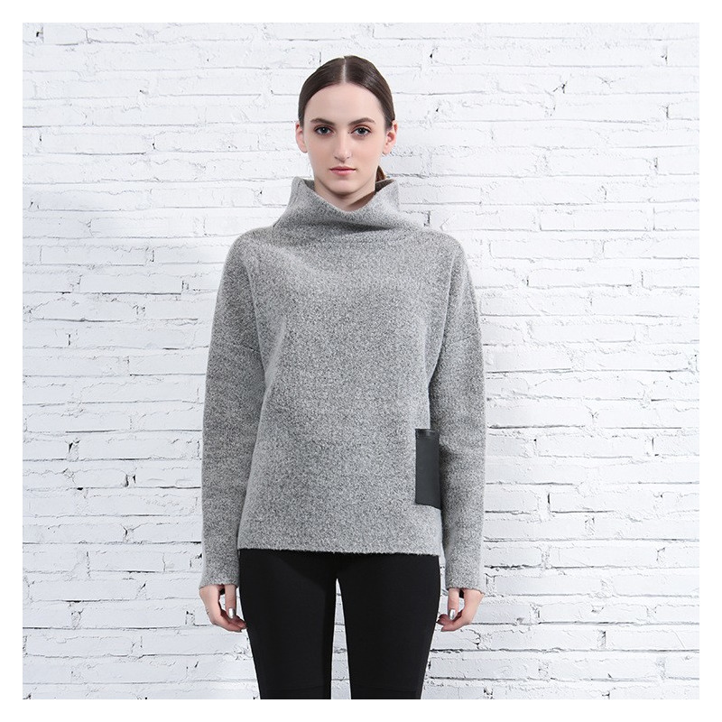 Funnel Neck Gray Sweater With Leather Pocket | VoguesUs