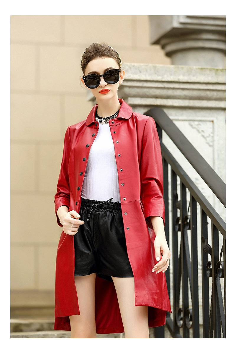 Simple Style 3/4 Sleeve Single Breasted Genuine Sheep Leather Trench