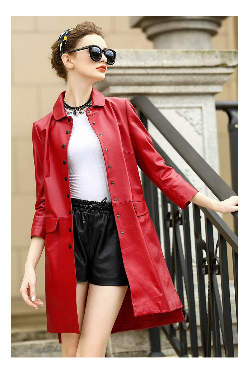 Simple Style 3/4 Sleeve Single Breasted Genuine Sheep Leather Trench