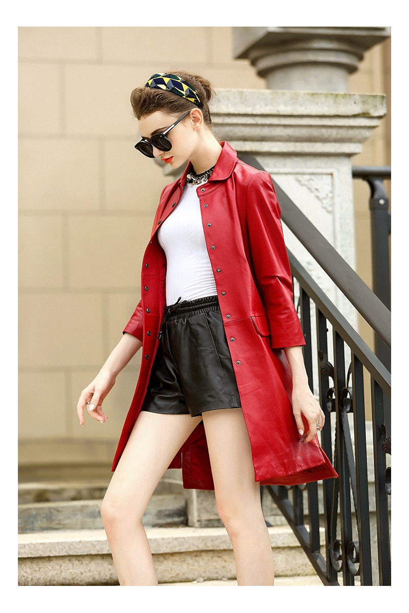 Simple Style 3/4 Sleeve Single Breasted Genuine Sheep Leather Trench