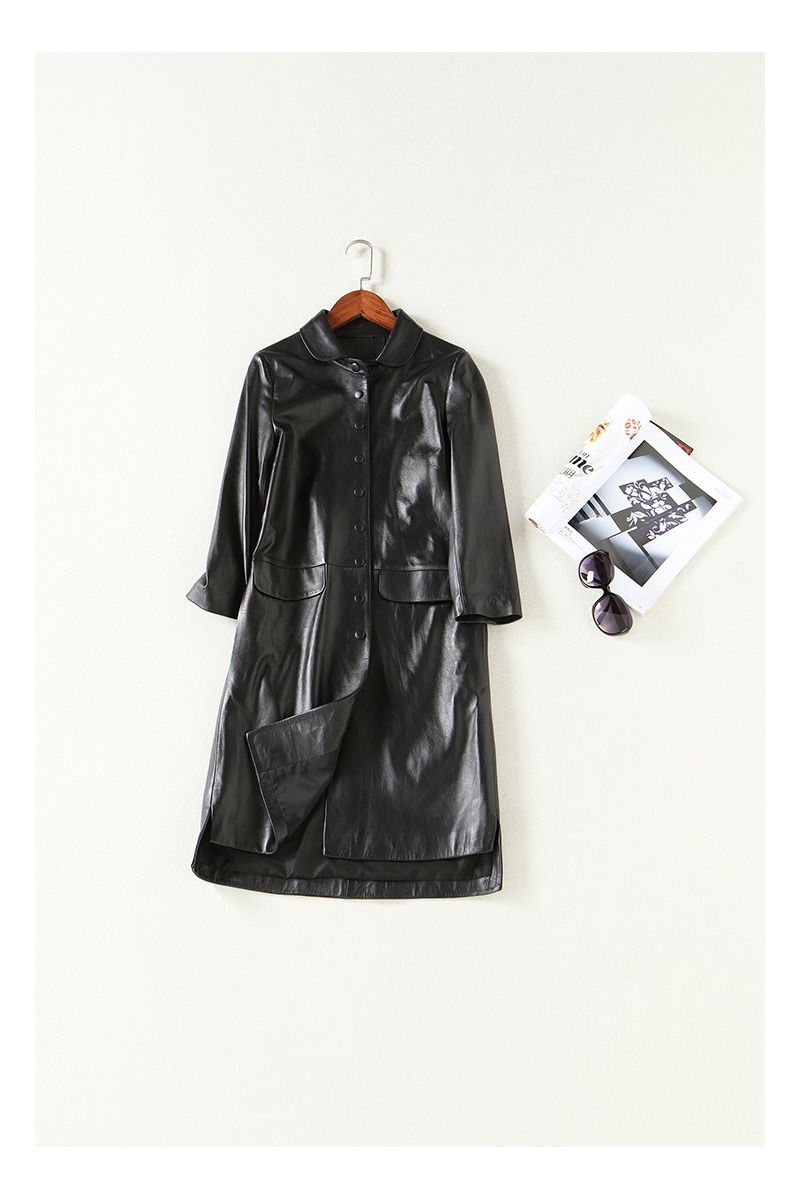 Simple Style 3/4 Sleeve Single Breasted Genuine Sheep Leather Trench