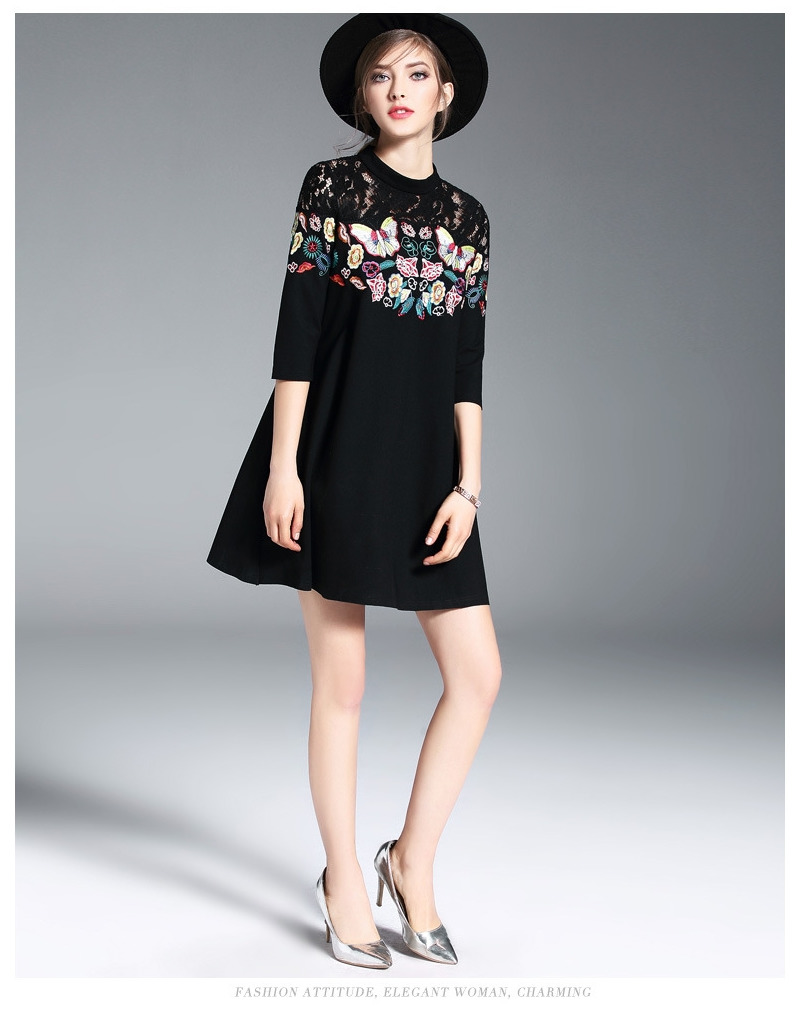 Floral Butterfly Embroidery Lace Stitching A Line Dress | VoguesUs