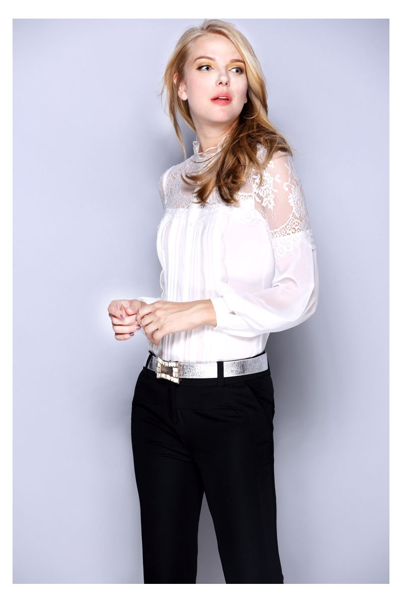 Silk Long Sleeves Cutwork Lace Mesh High Neck Shirt | VoguesUs