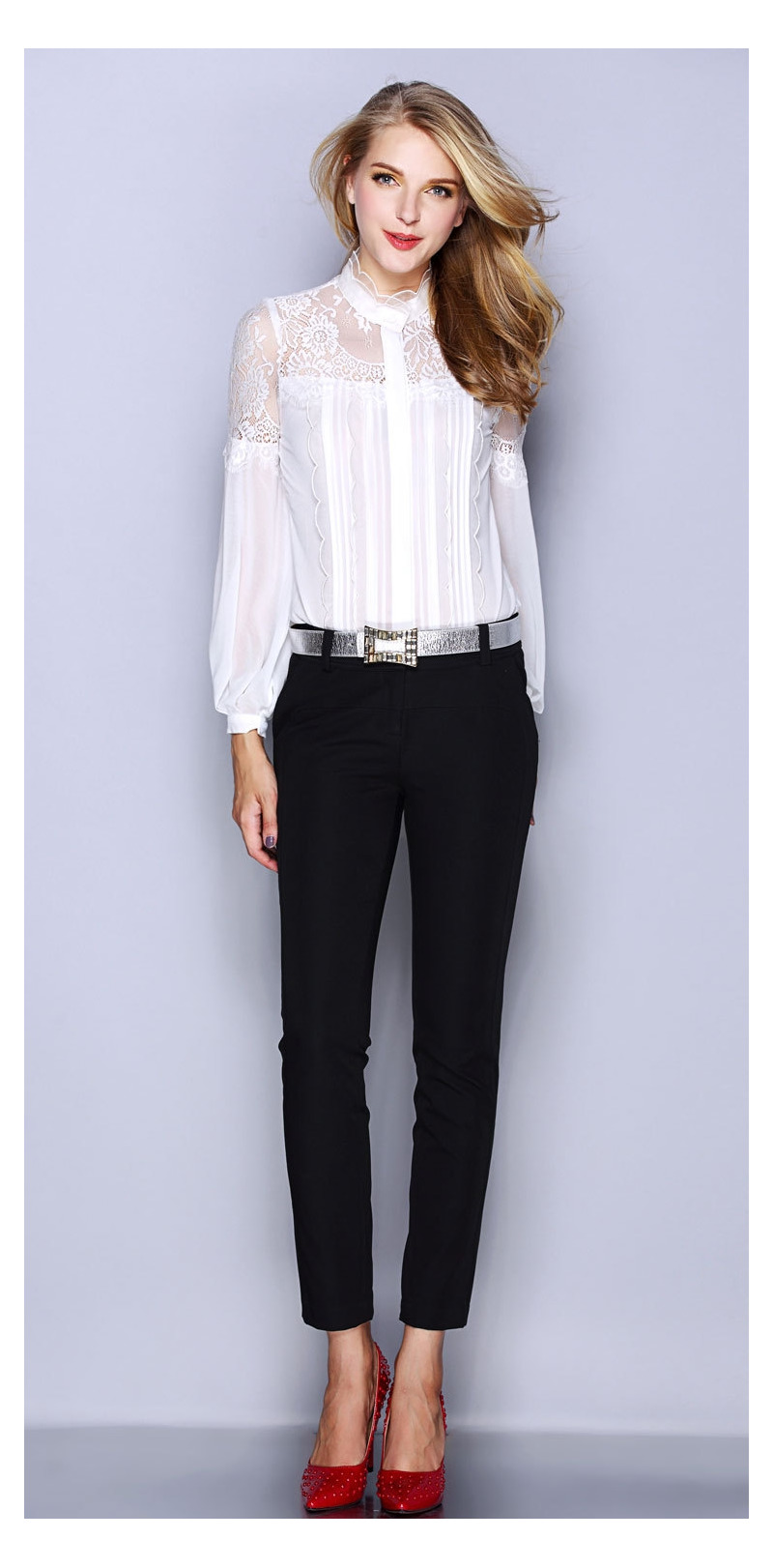 Silk Long Sleeves Cutwork Lace Mesh High Neck Shirt | VoguesUs
