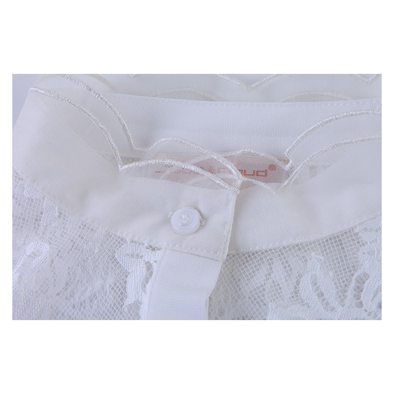 De Seda De Manga Larga Cutwork Malla De Encaje De Cuello Alto Camisa